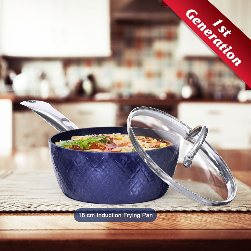 Blue nonstick frying pan with glass lid and silver handle