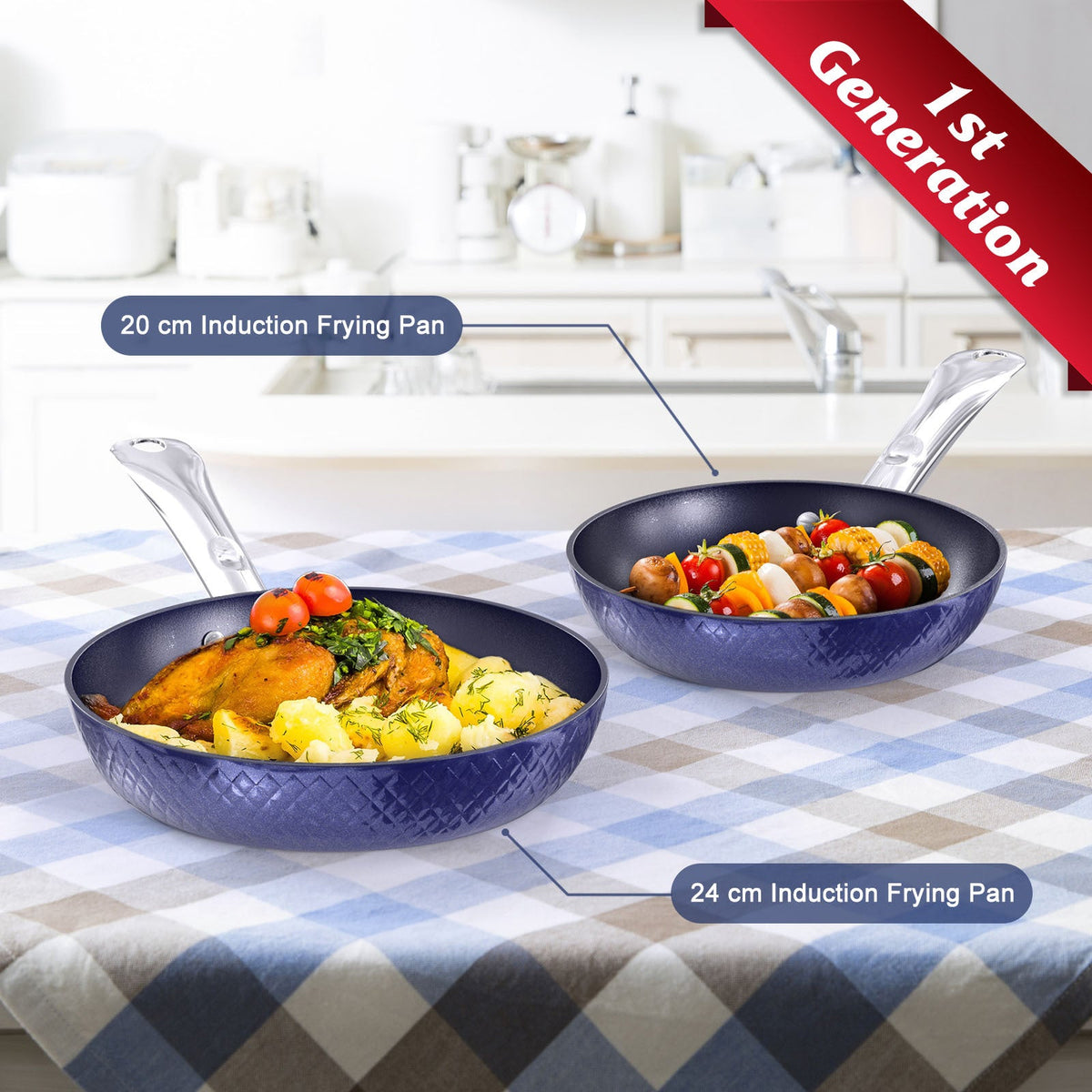 Two blue nonstick frying pans with textured interiors on plaid table