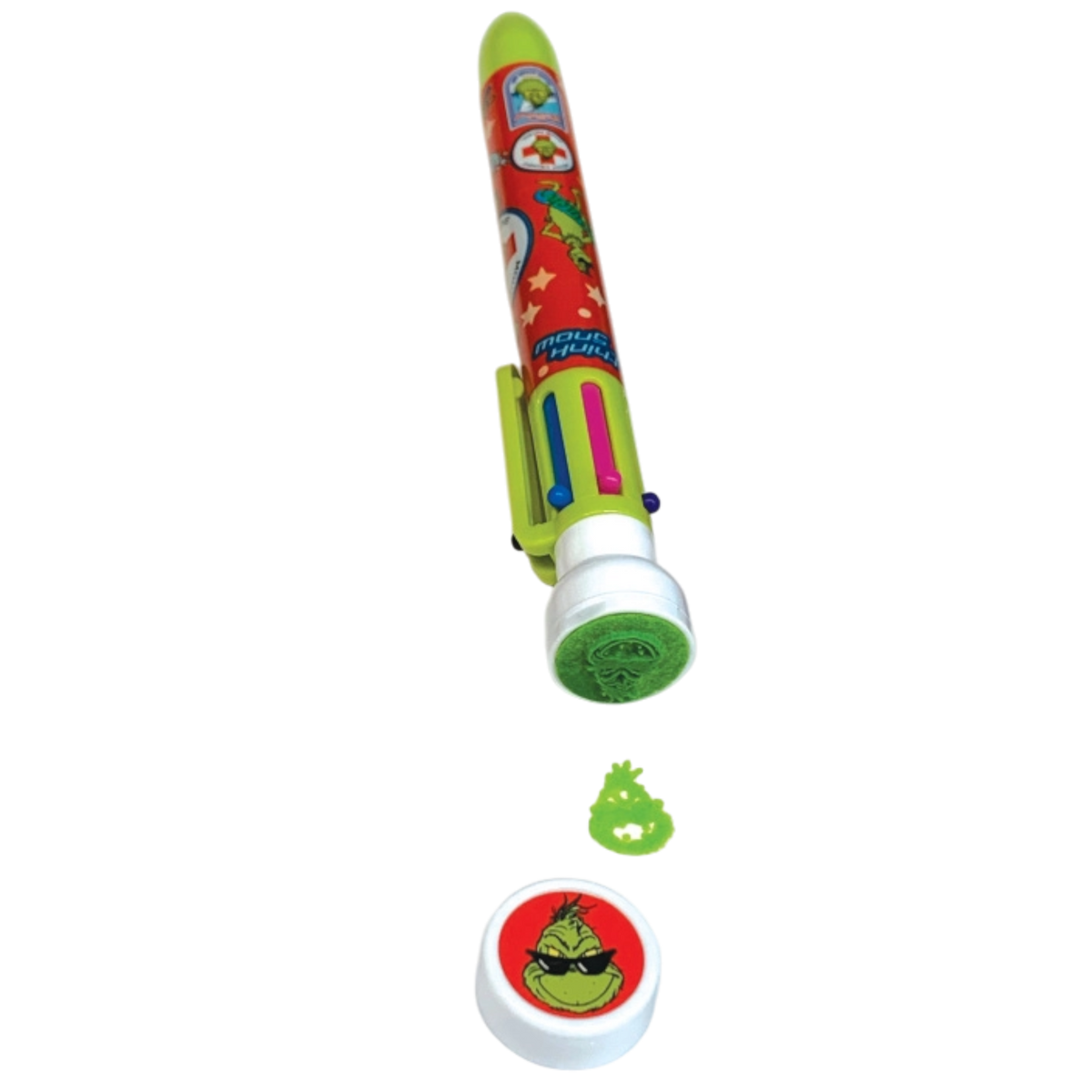 Color pen with stamper, multicolor barrel with stamp base and circular ink pad