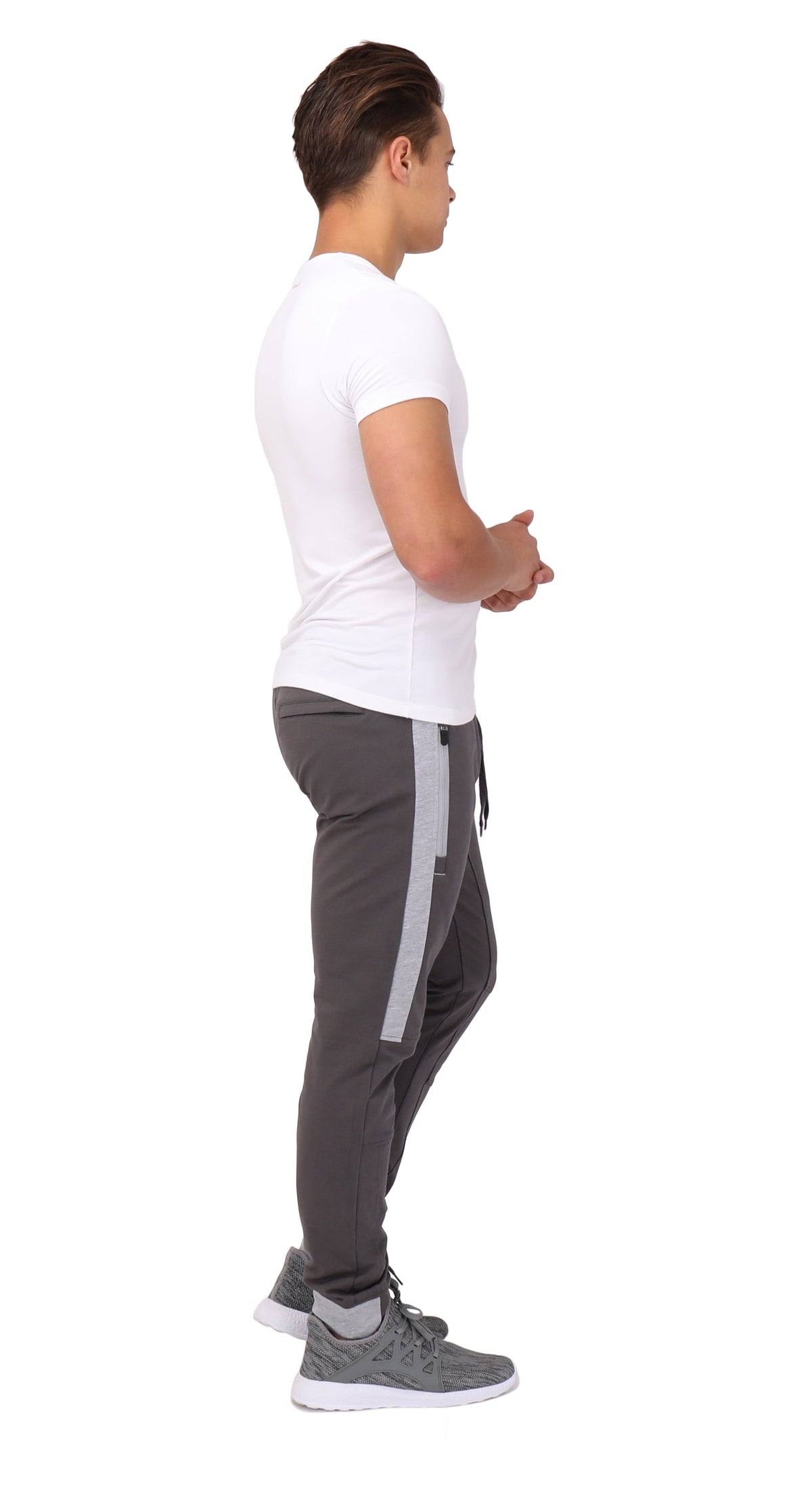 Tall fit jogger pants side view: dark color, elastic waist, and long vertical stripe