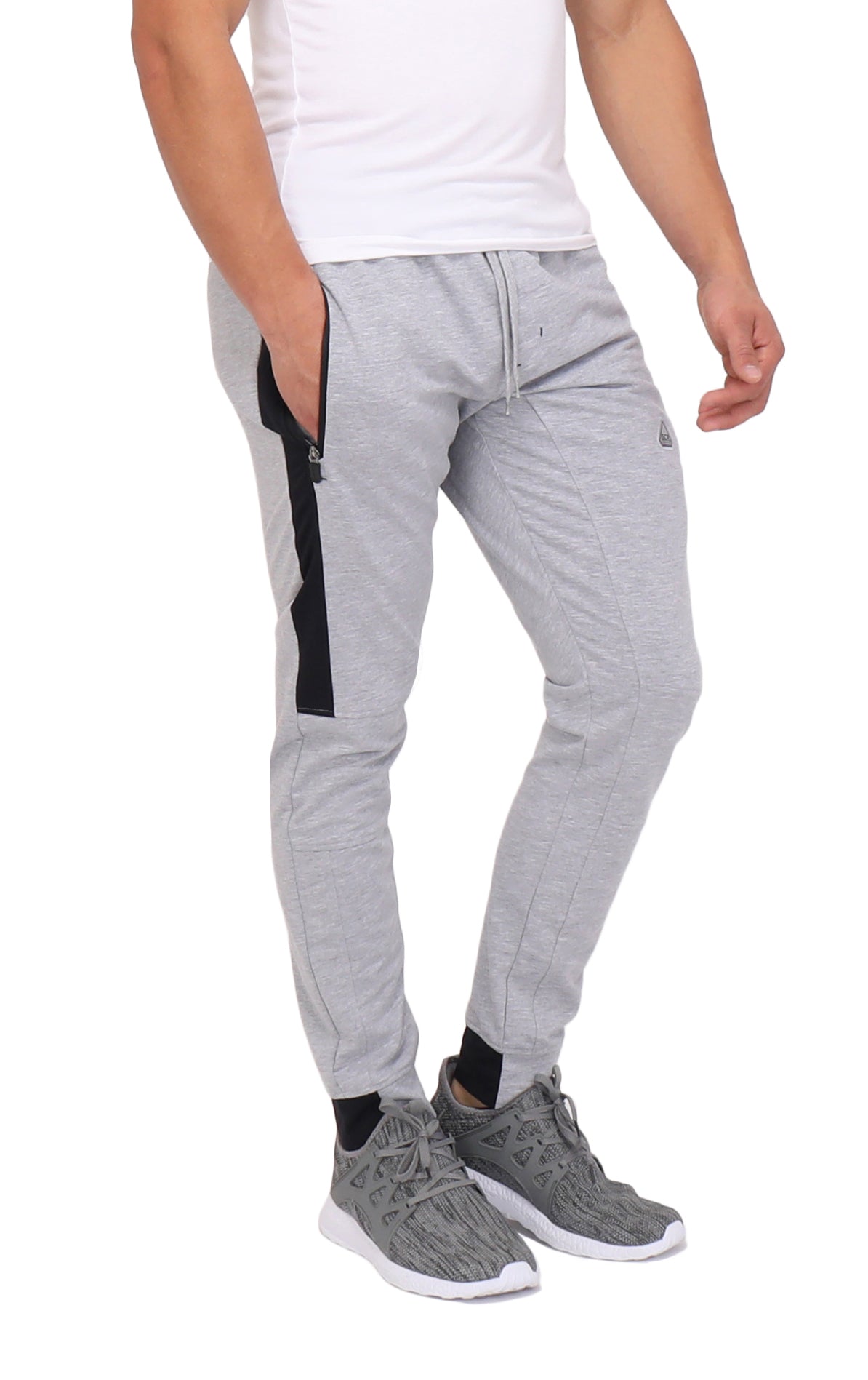 Light grey heather jogger pants with black side stripe and tapered cuff