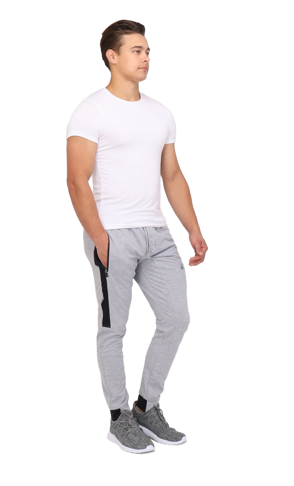 Tall fit jogger pants in light grey heather with black vertical stripe on the leg.