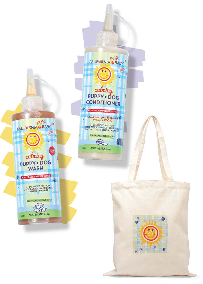 Calming puppy and dog wash and conditioner bottles with matching canvas tote bag