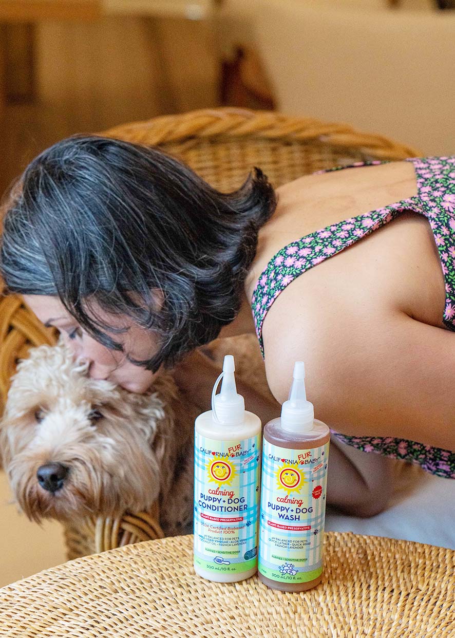 Calming puppy and dog wash and conditioner bottles on table beside bathing dog