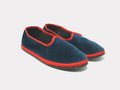Unisex navy suede slip-on slippers with red contrast trim and low rubber sole