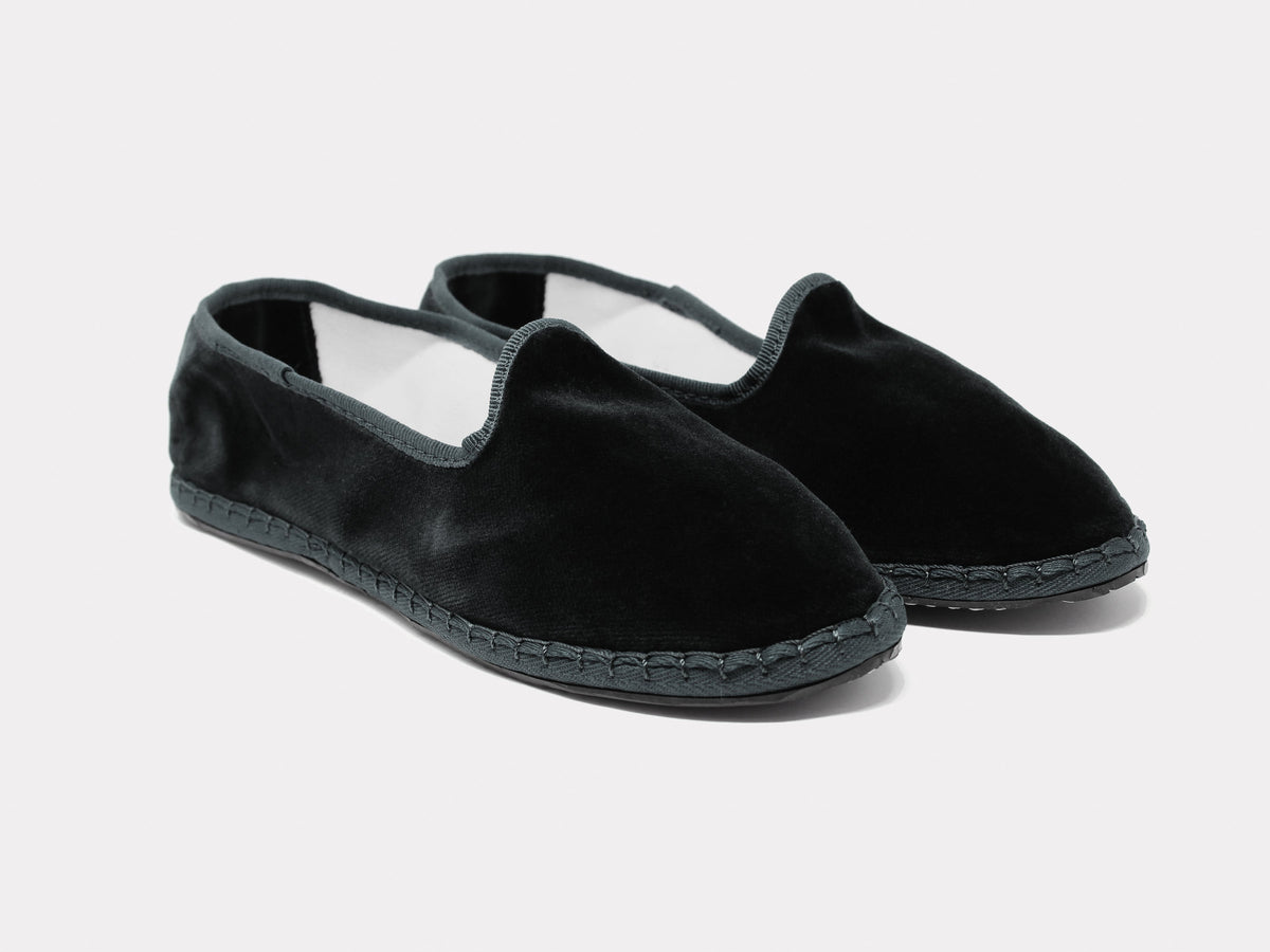 Furlane unisex black suede slip-on shoes with cushioned collar and textured sole.