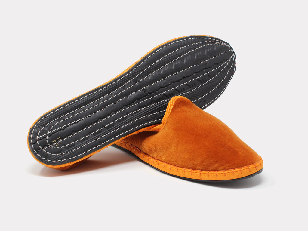 Furlane unisex orange suede slip-on loafers with black stitched trim