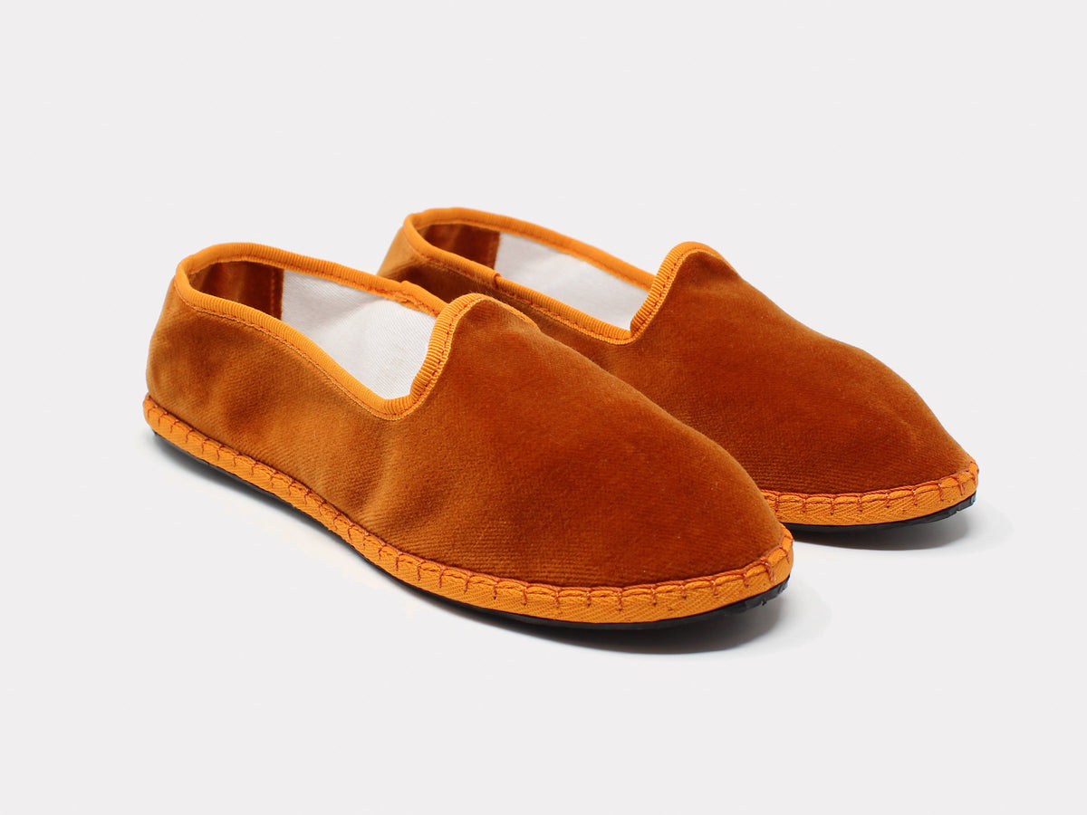 Furlane unisex orange suede slip-on loafers with contrast stitching