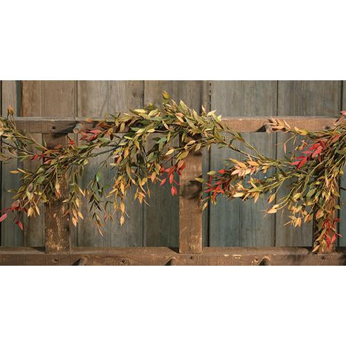 Velvet ash garland with green and yellow leaves and red accents