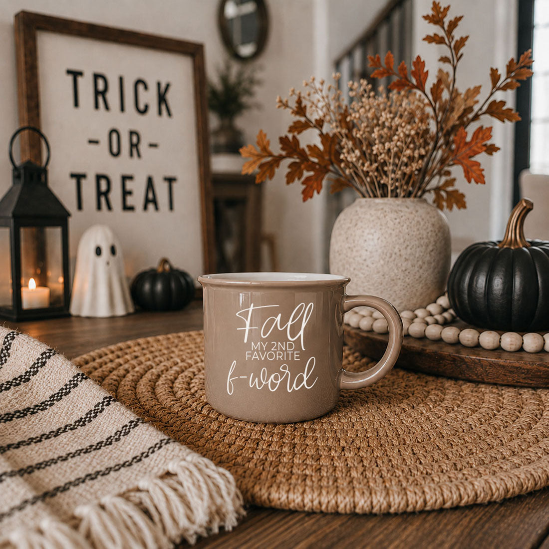 Taupe coffee mug with 'Fall my 2nd favorite f-word' text on front