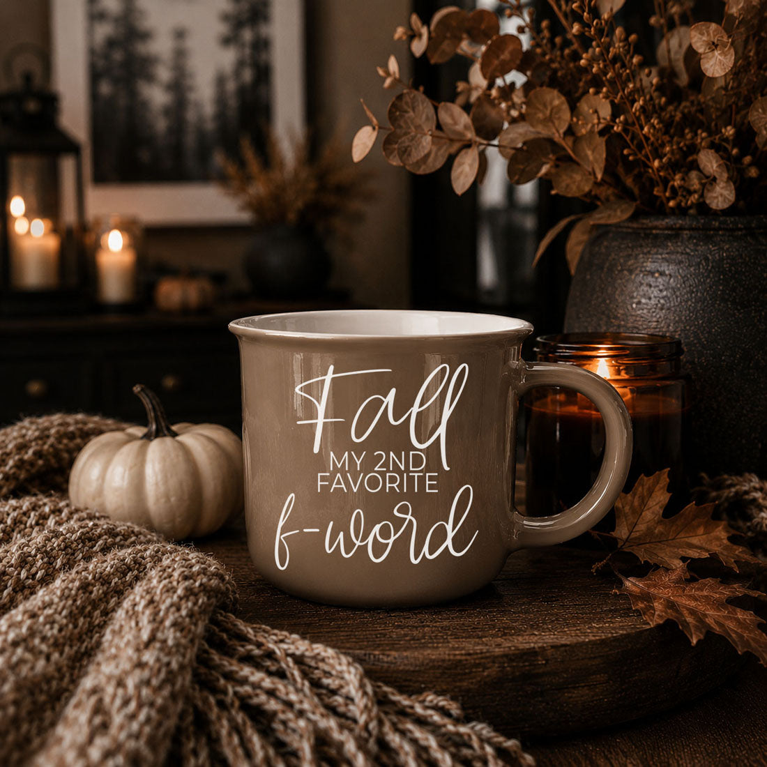 Taupe ceramic mug with handle, 'Fall my 2nd favorite f-word' on front