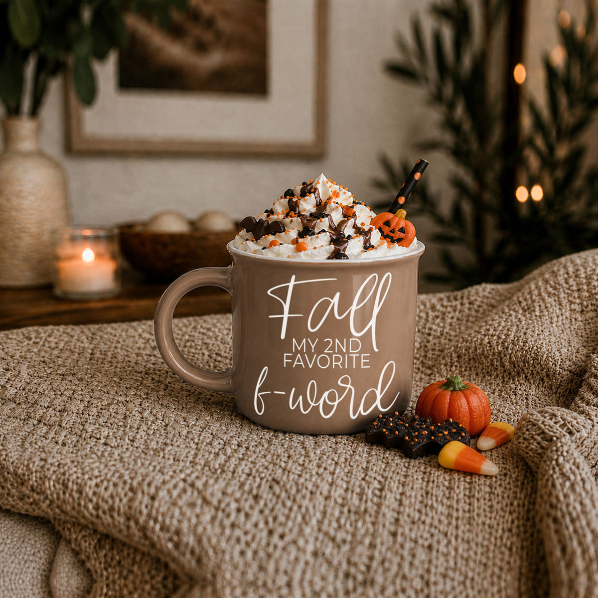 Taupe mug filled with dessert topping, 'Fall my 2nd favorite f-word'