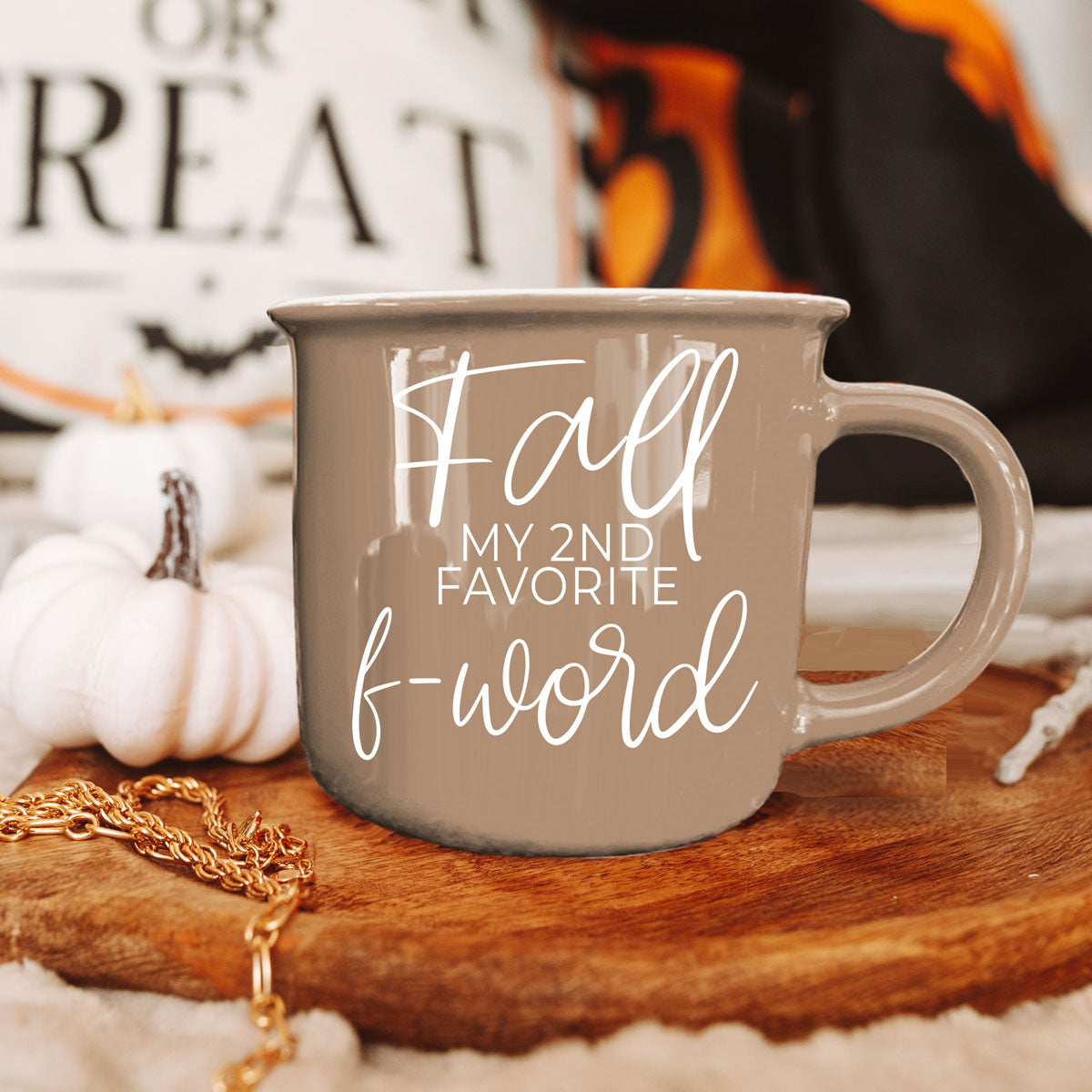 Taupe ceramic mug on wood table with 'Fall my 2nd favorite f-word' print