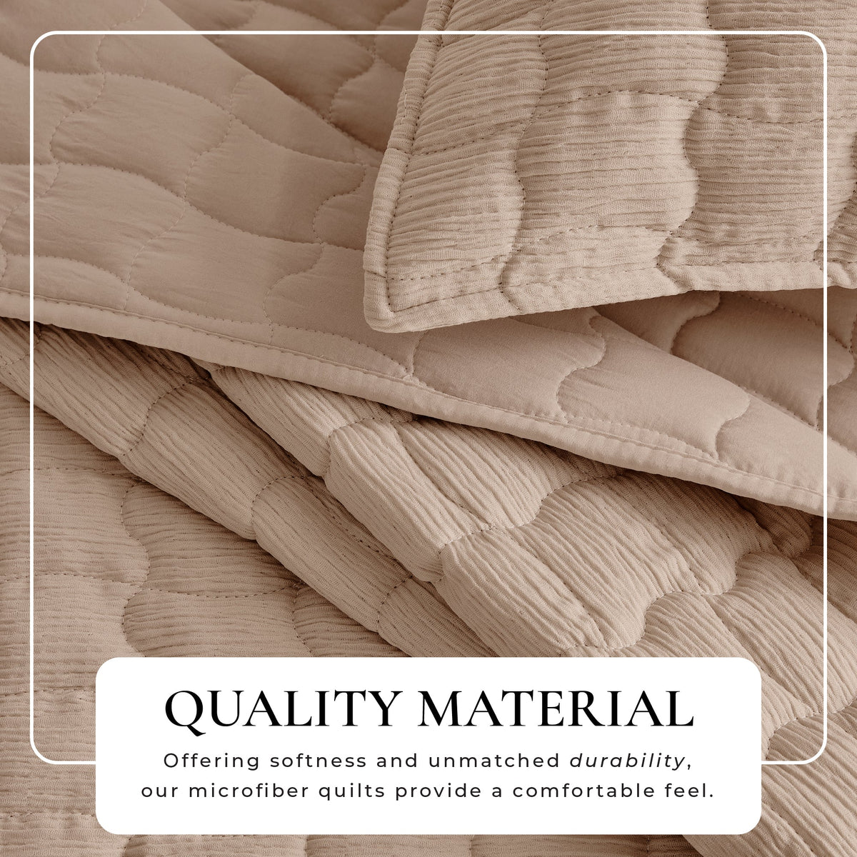 Wave-stitch gauze quilt set close-up, light beige quilt with layered quilted sections