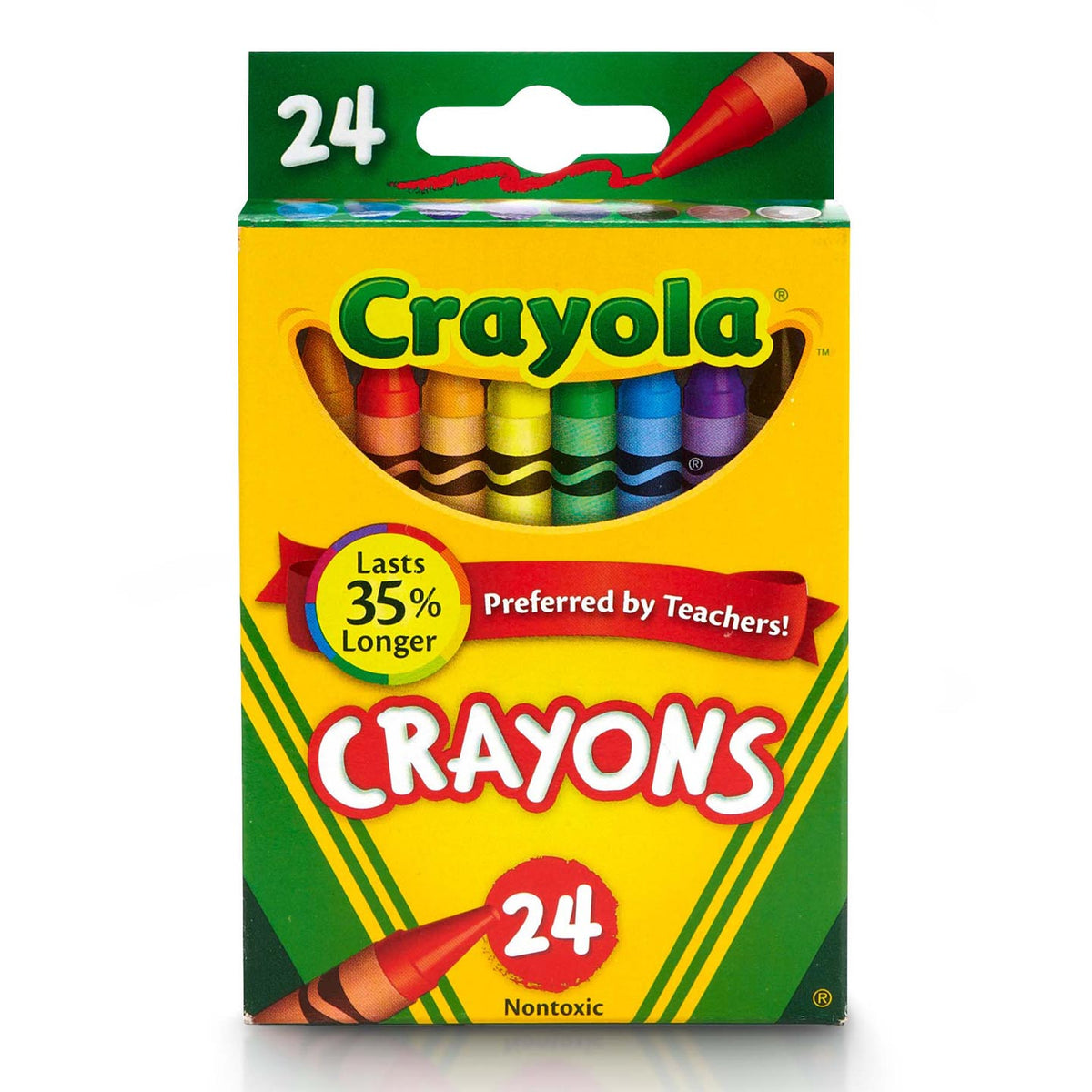 Crayola 24-count crayons box front with color crayon tips