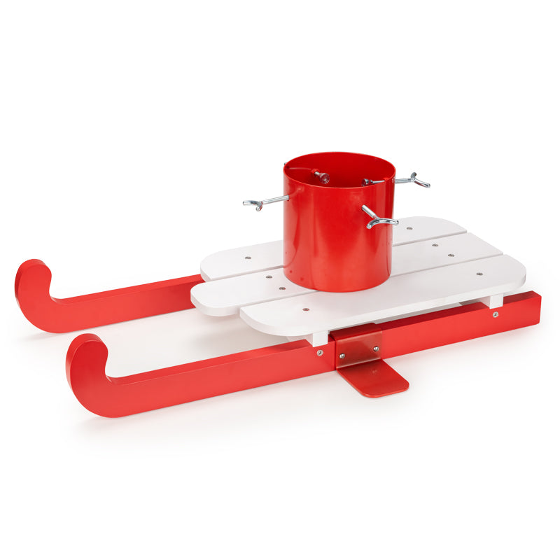 Red wooden runner sled tree stand with cup holder and metal brackets
