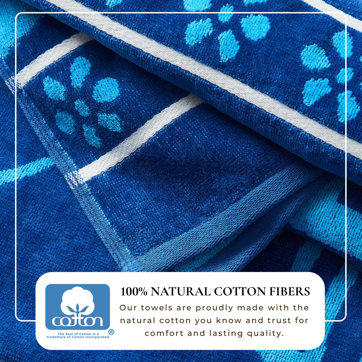 Blue cotton velour beach towel corner closeup with geometric and paw-print motifs