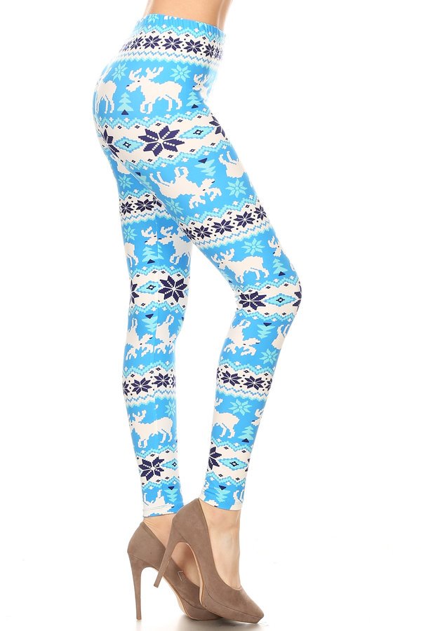 Blue moose print brushed-soft leggings with winter fair isle pattern