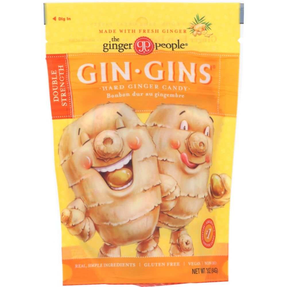 Hard ginger candy bag, orange and yellow with cartoon ginger characters