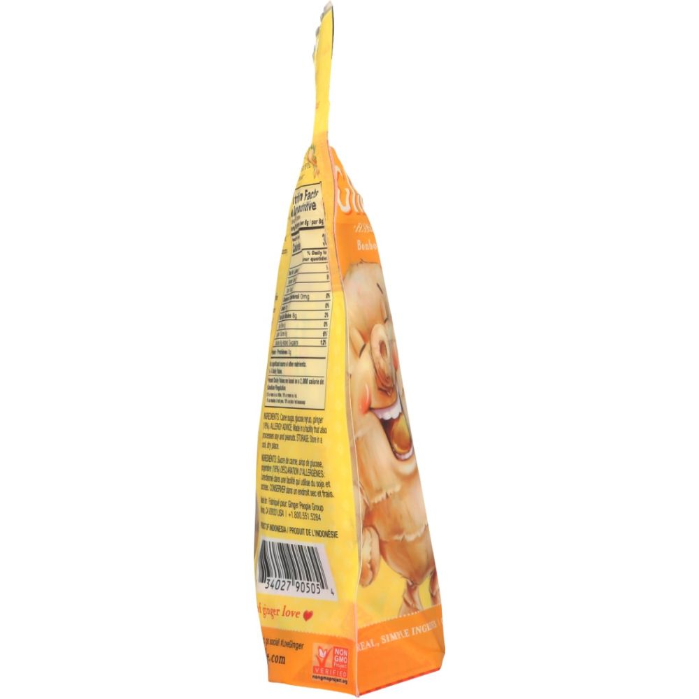 Hard ginger candy bag side panel with ingredient text and barcode, orange