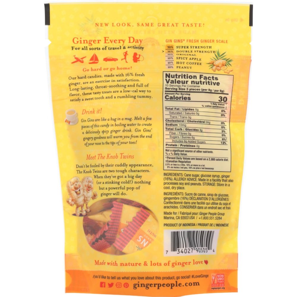 Hard ginger candy bag back panel with Nutrition Facts and barcode, orange/yellow