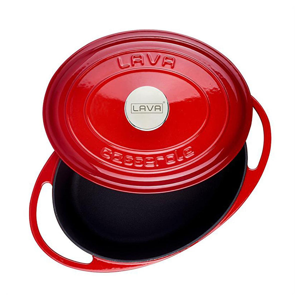 Red enamel oval pot with matching lid and side handles, LAVA label on top