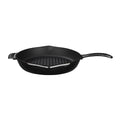 Black round cast iron grill pan with ridged cooking surface and side handles