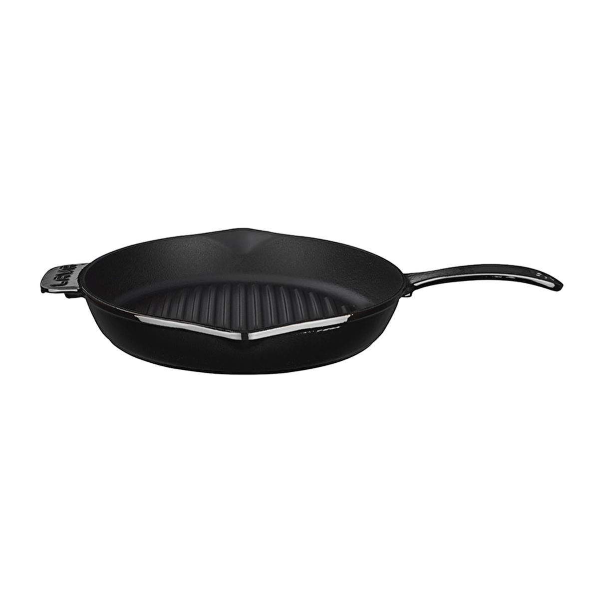 Black round cast iron grill pan with ridged cooking surface and side handles