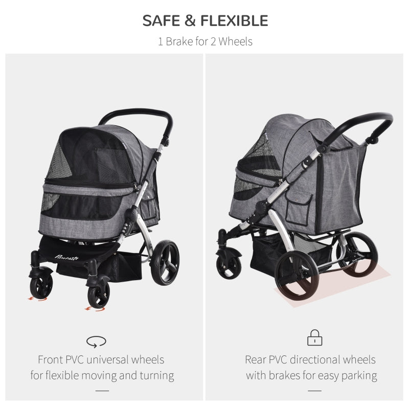 Gray and black pet stroller with front and rear wheels and brake features, two views.