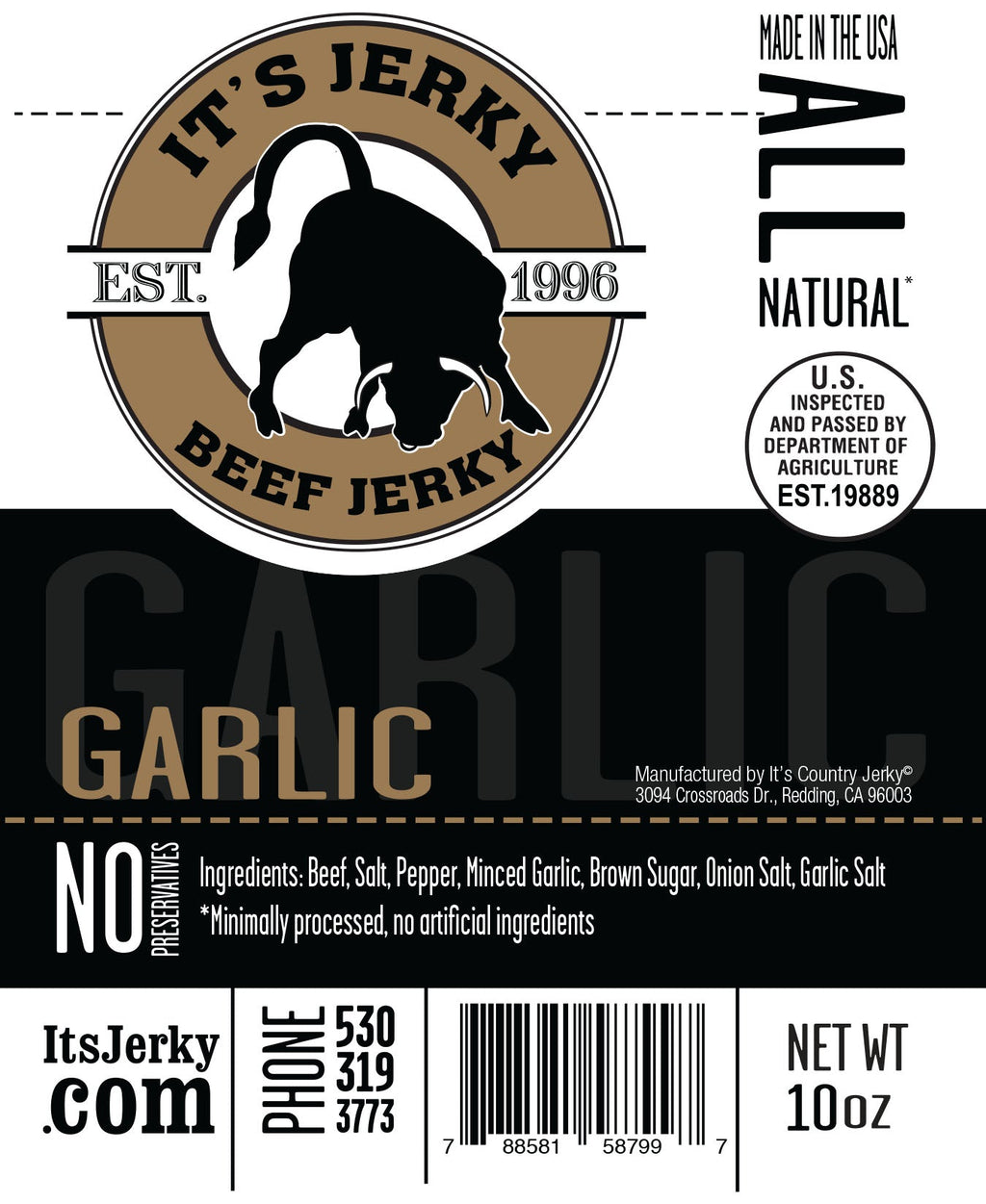 Garlic beef jerky ingredient panel and nutrition facts on package front