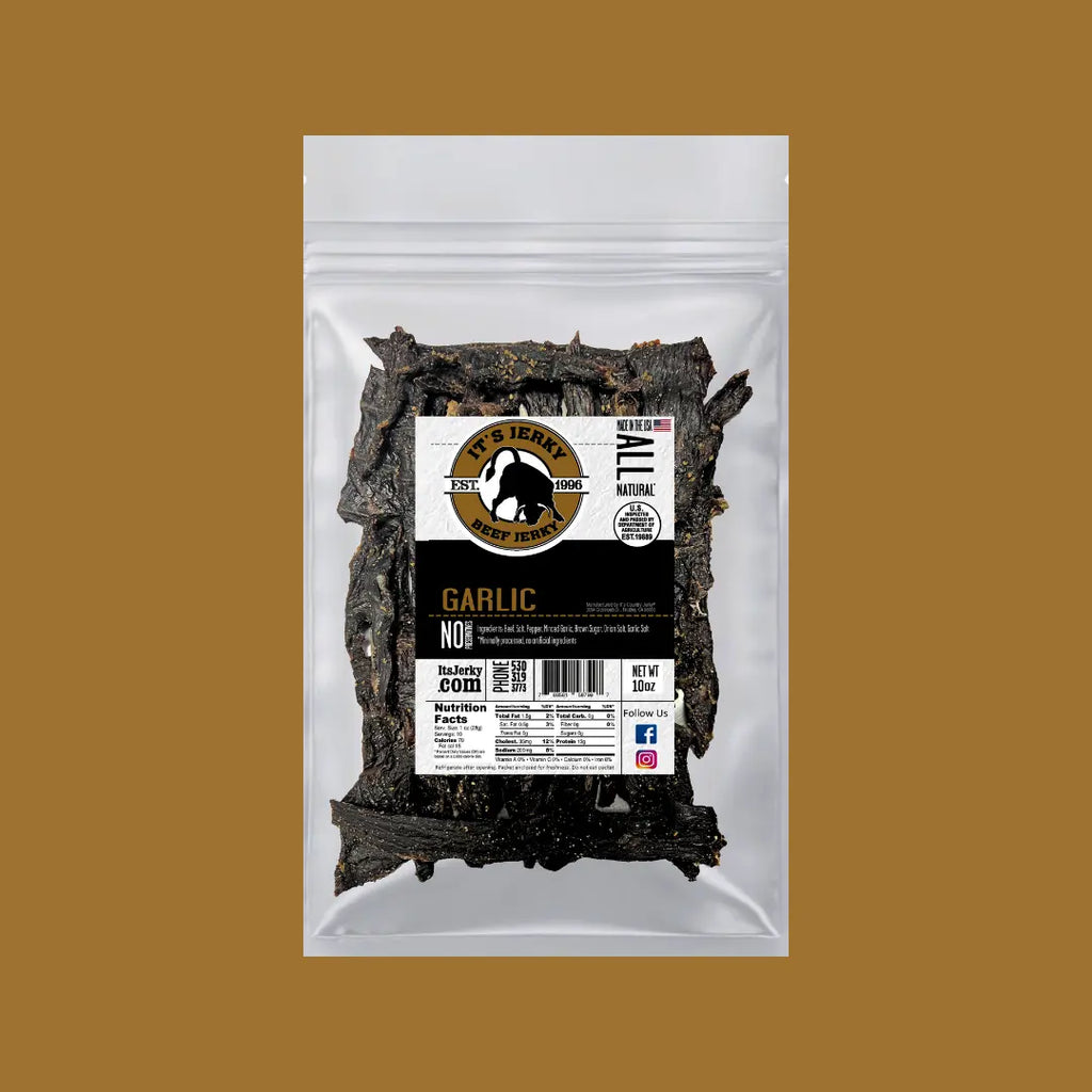 Garlic beef jerky pouch, dark beef strips in sealed white package