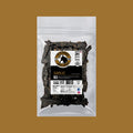 Garlic beef jerky pouch, dark beef strips in sealed white package