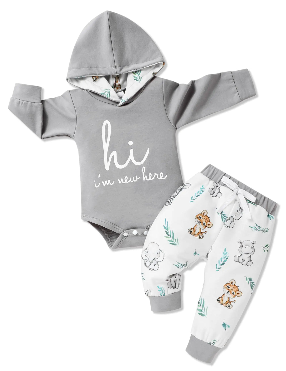 Light grey baby boy hoodie romper set with 'hi' print and animal-pattern pants