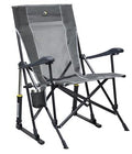 Folding camping rocker chair with gray fabric seat and dark armrests, cup holder