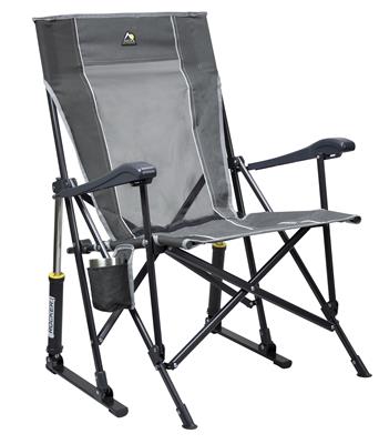 Folding camping rocker chair with gray fabric seat and dark armrests, cup holder