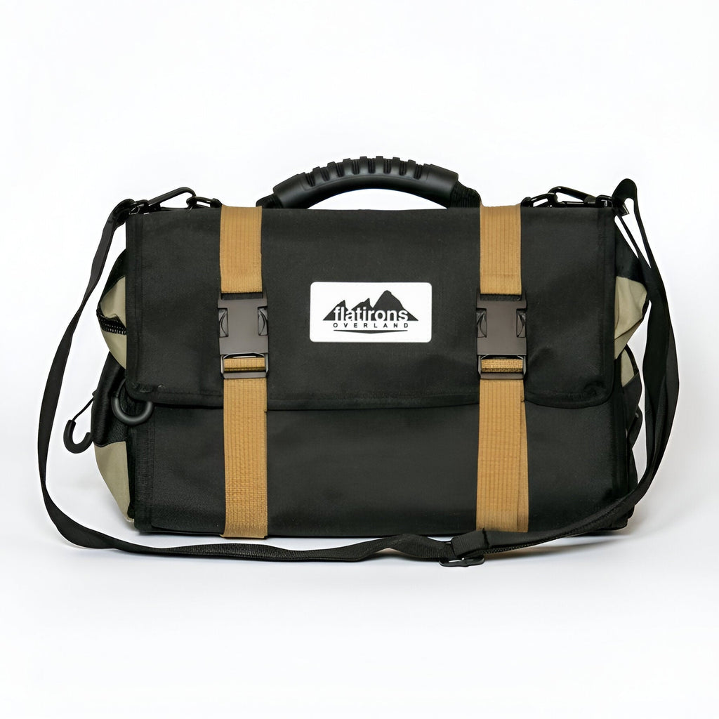 RiPouch Gear Roll messenger-style bag with black fabric and tan webbing straps