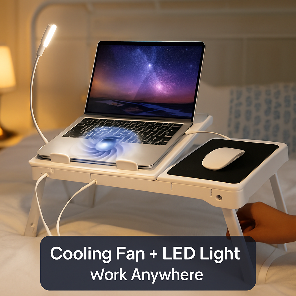 Foldable laptop desk with cooling fan, LED glow, and mouse pad for bedside work