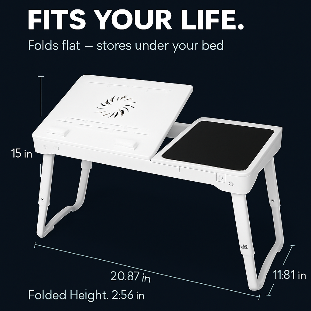 Foldable laptop table with hinged top and stable legs, designed to store under bed