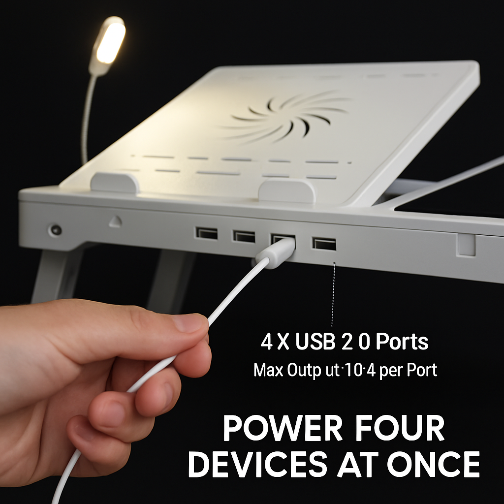 Foldable laptop table with side USB ports and cable connection panel