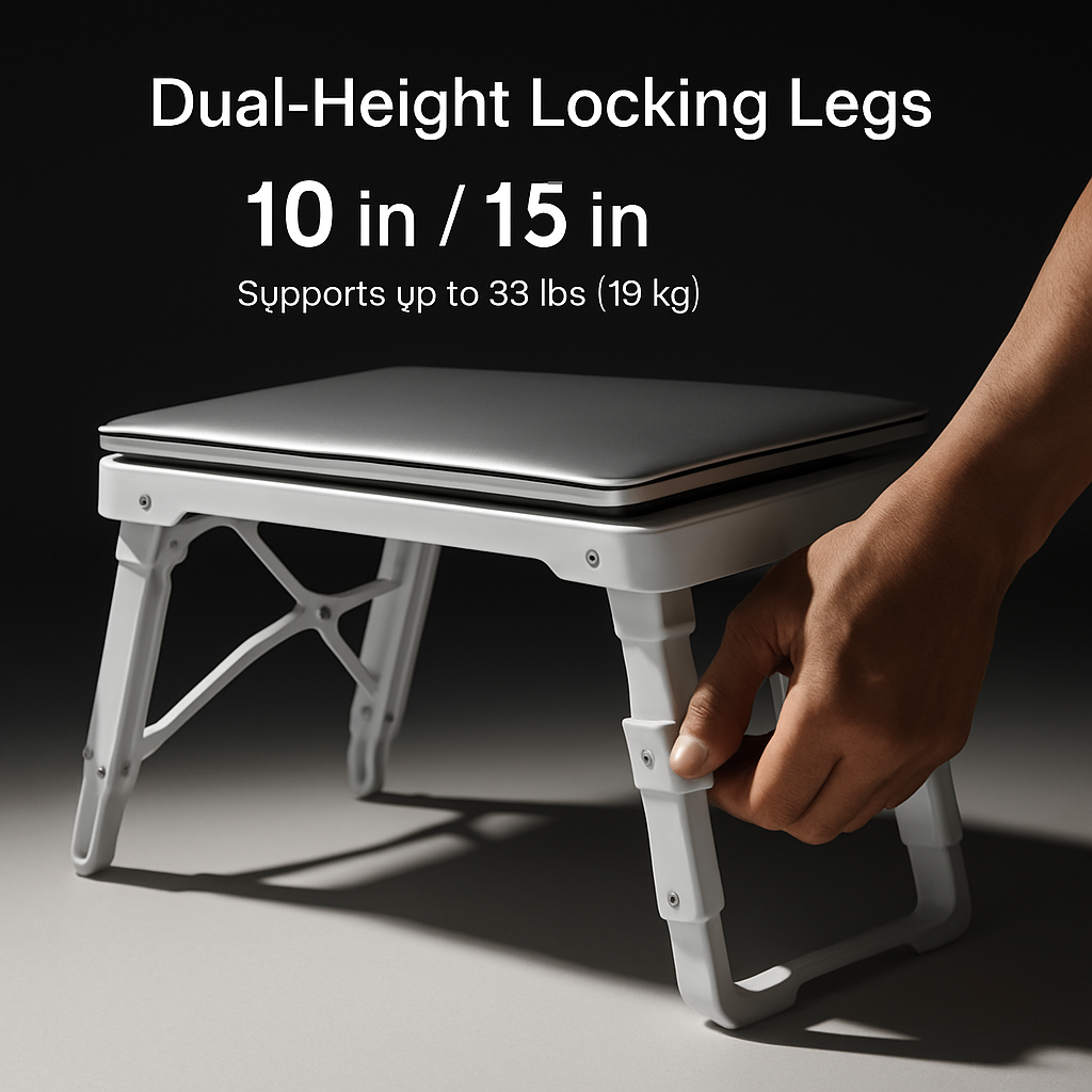 Adjustable foldable laptop table with dual-height locking legs for stable use
