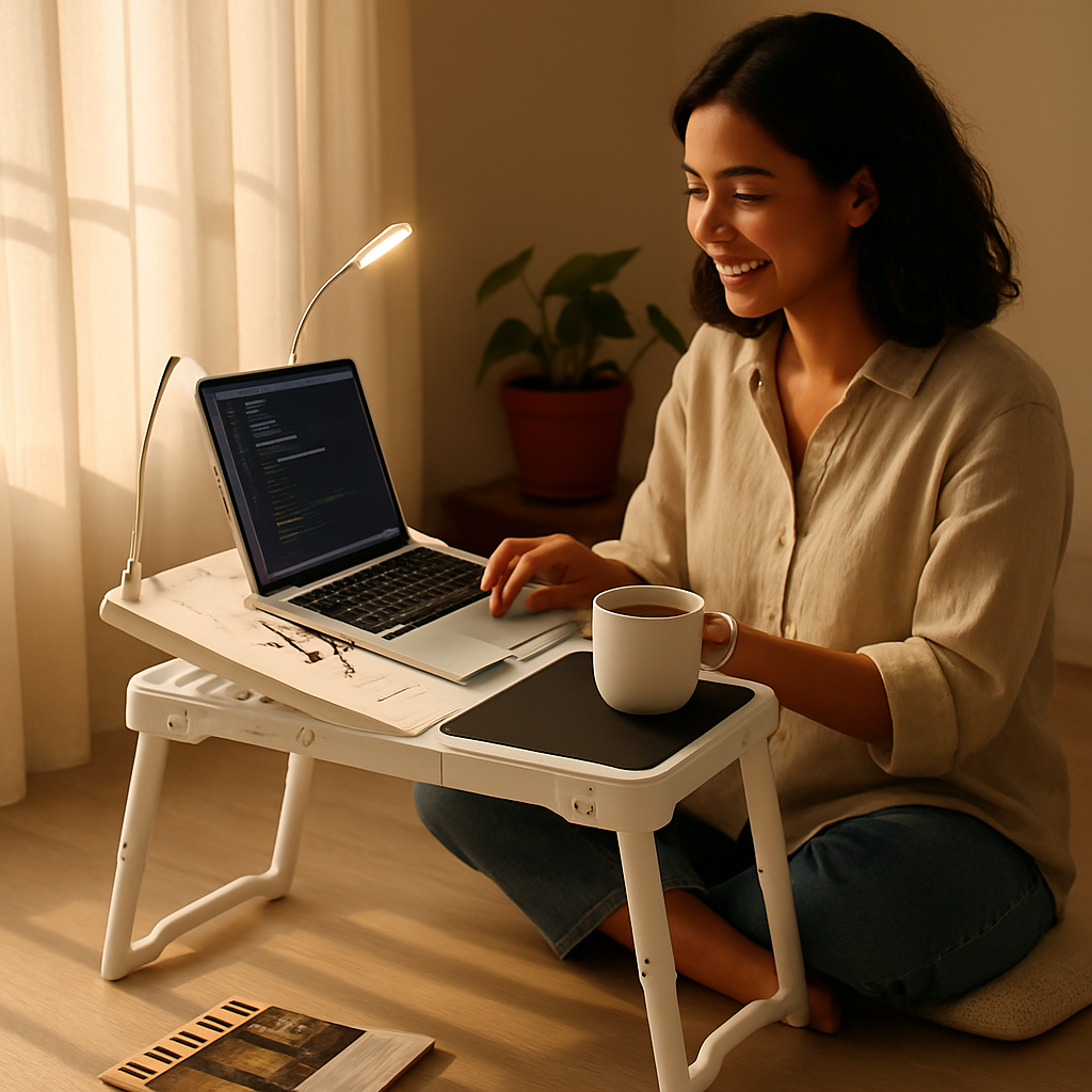 White foldable laptop table with cooling fan and tray surface for working on a couch