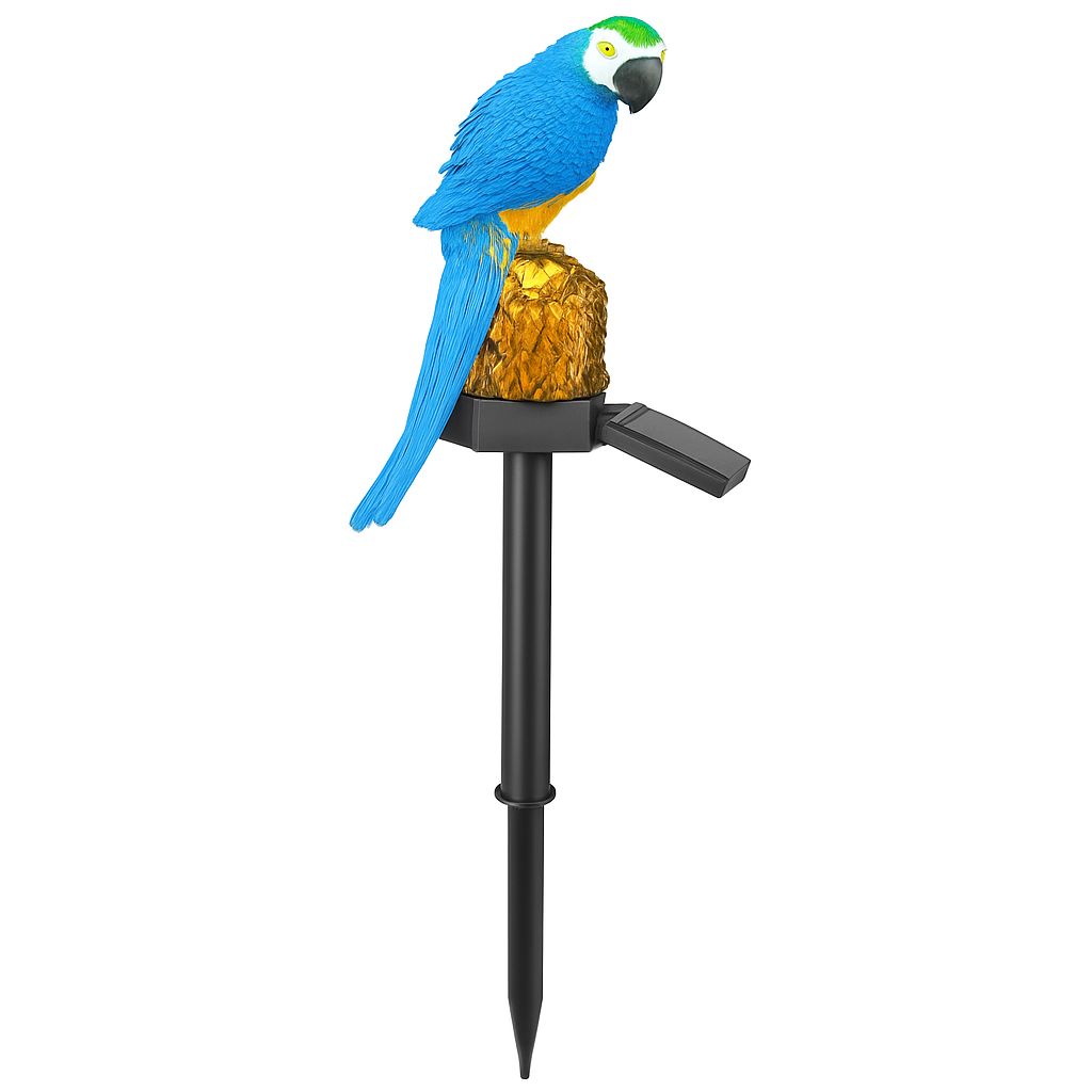 Blue parrot solar garden LED lamp with black stake and angled solar panel