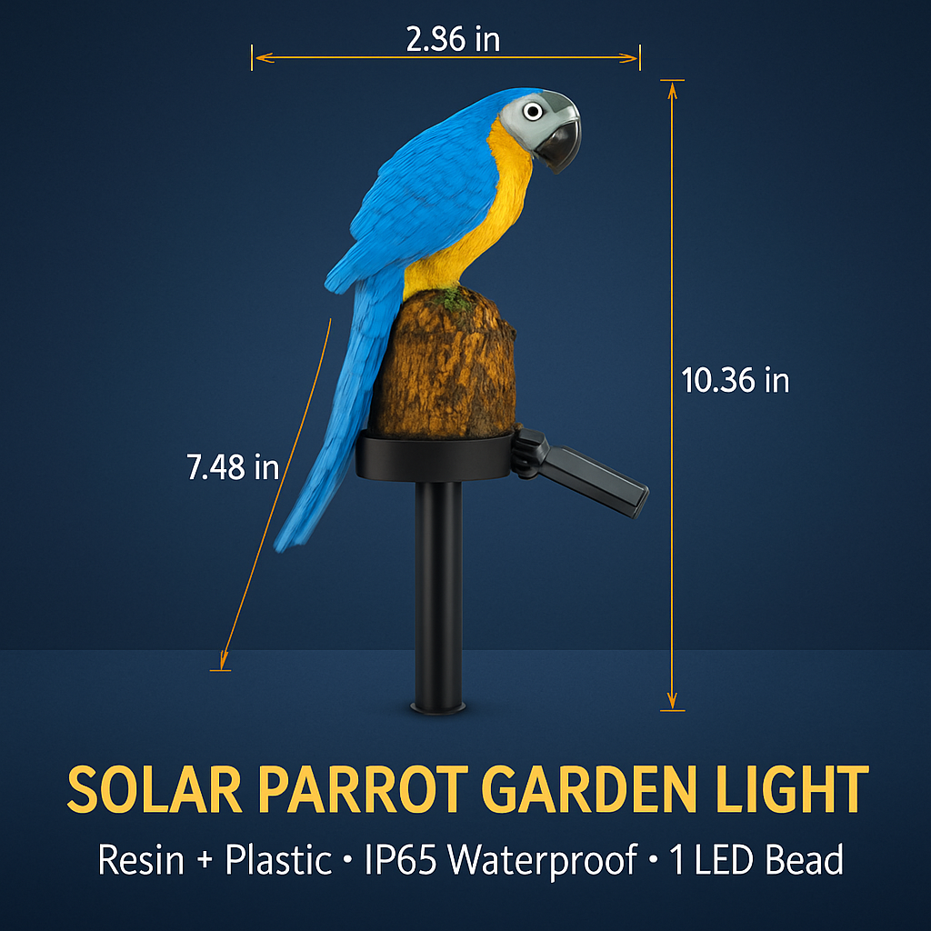 Blue parrot solar garden LED lamp with black stake and side solar panel