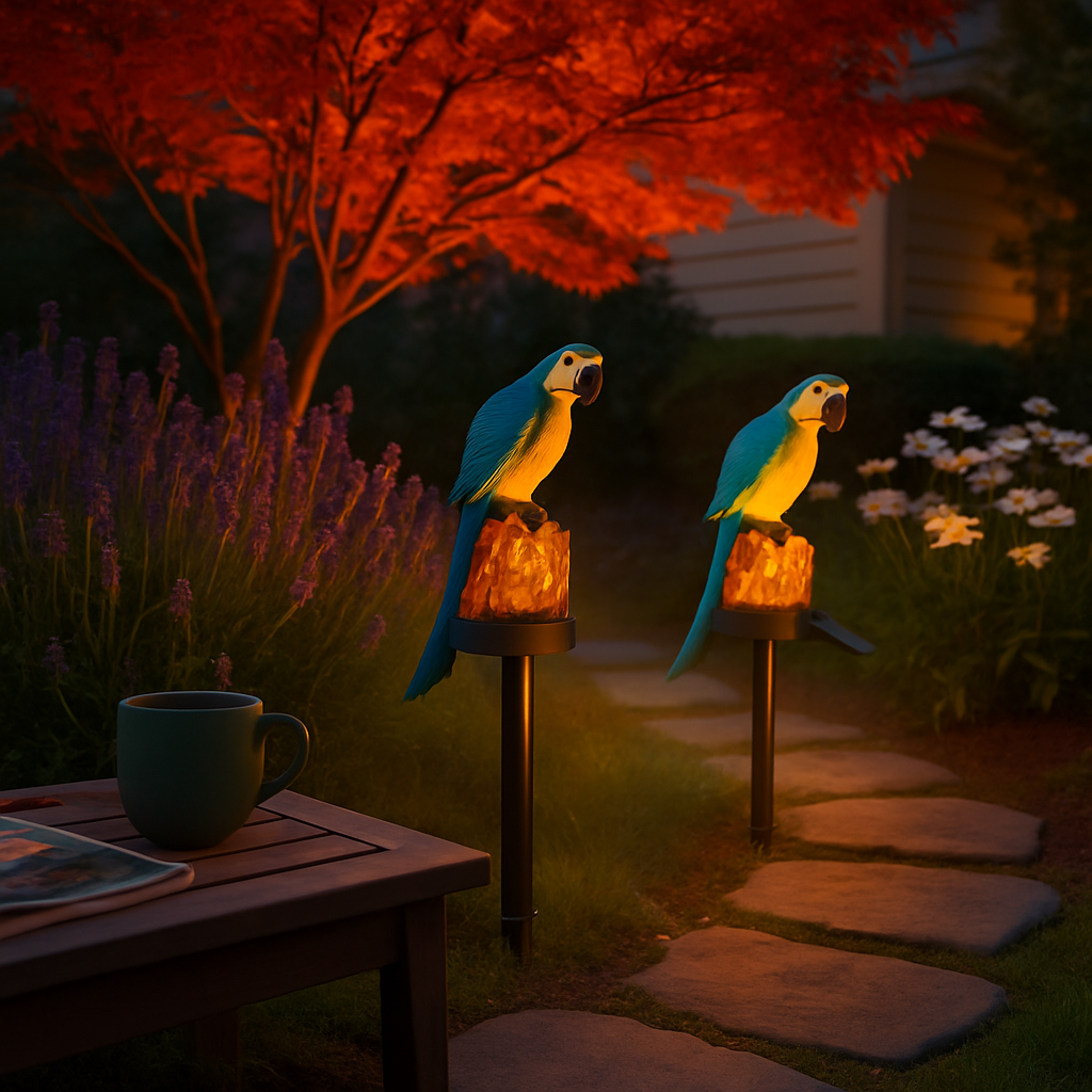 Two lit blue parrot solar garden LED lamps on black stakes outdoors