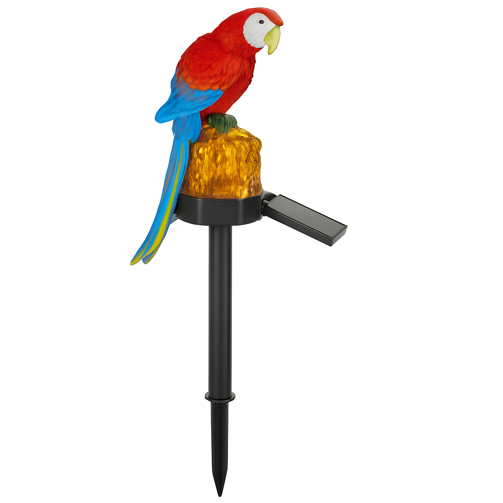 Red parrot solar garden LED lamp with black stake and angled solar panel