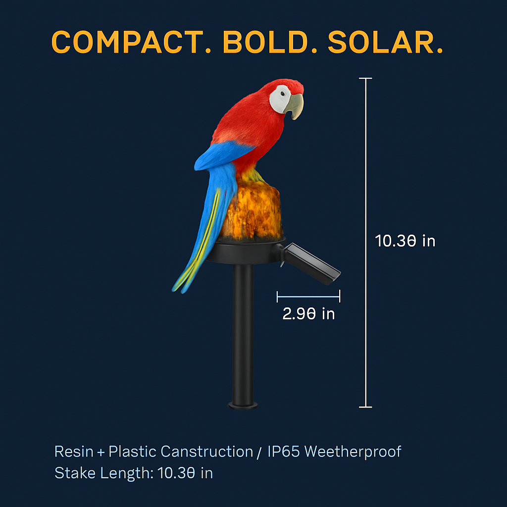 Solar parrot garden stake light, red and blue resin sculpture, ground stake, 10.3 in