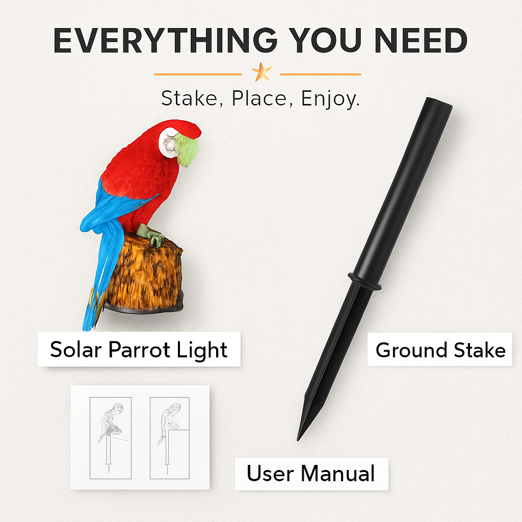 Solar parrot garden light kit with ground stake, solar light, and user manual
