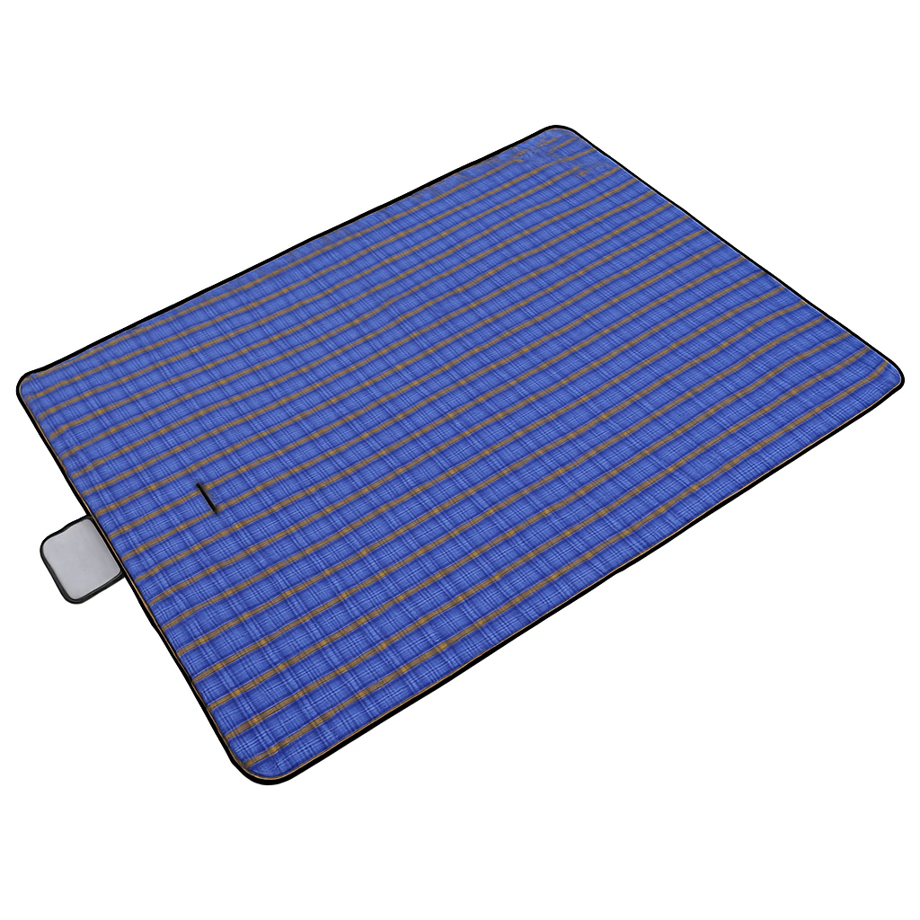 Blue plaid foldable picnic blanket with black edging and corner carry tab.