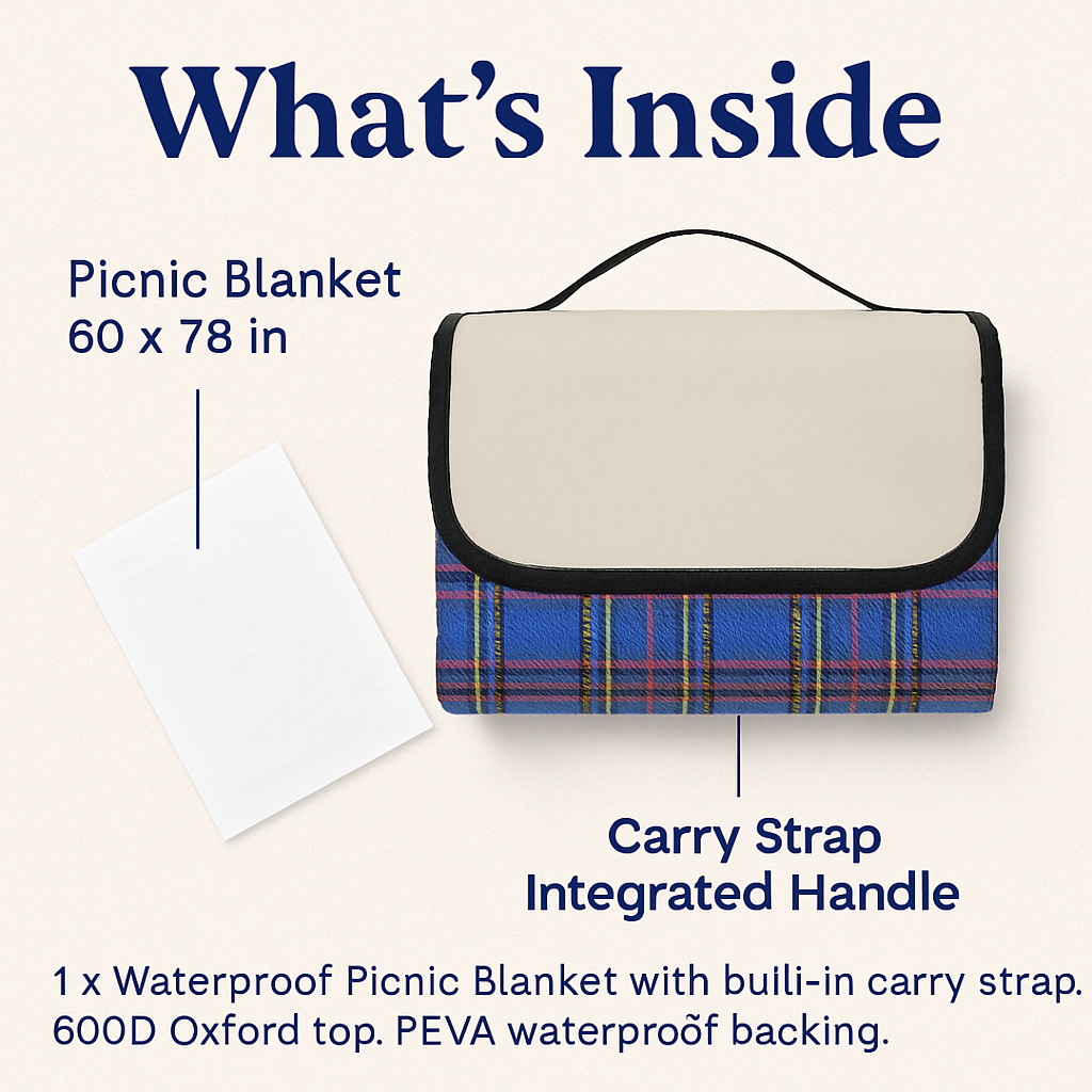 Foldable picnic blanket with carry-strap handle, blue and red plaid with gray flap