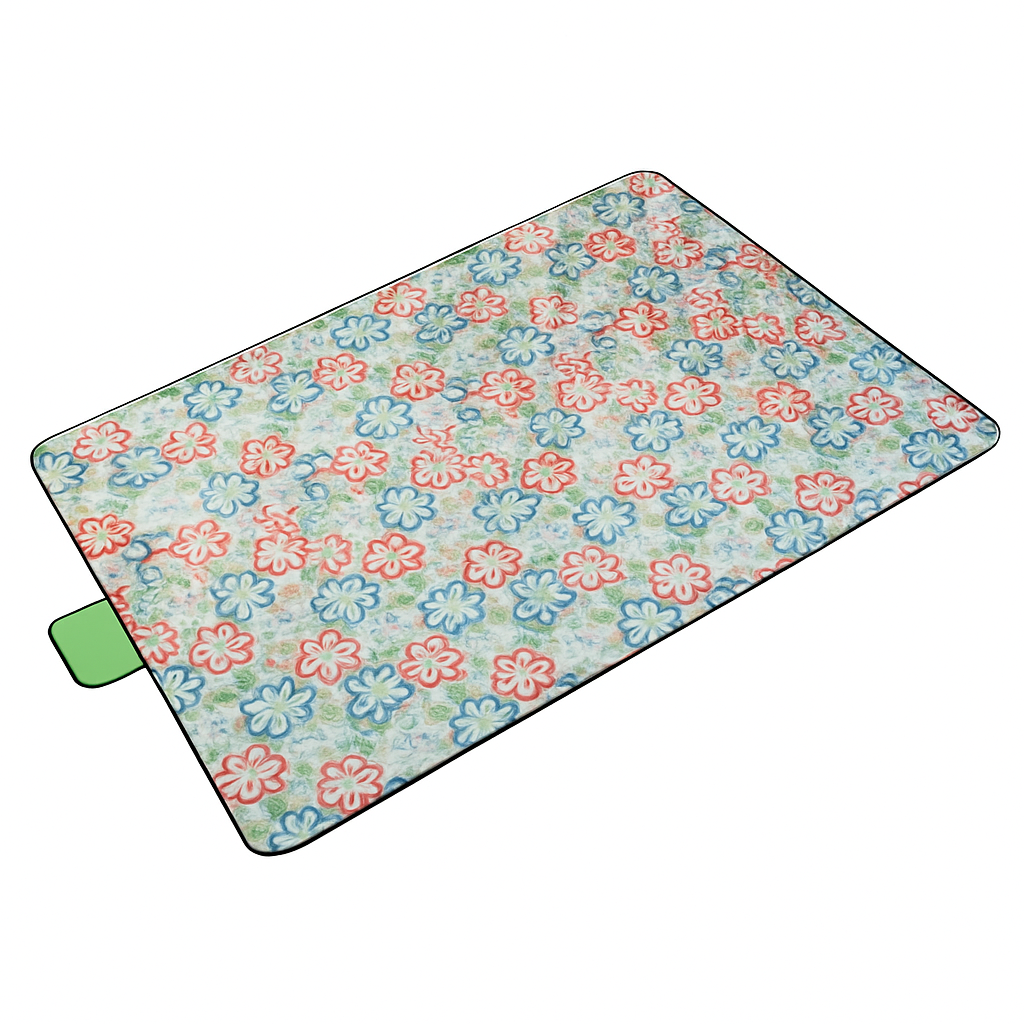 Floral picnic blanket, folded rectangle with red, blue, and light blue flower pattern